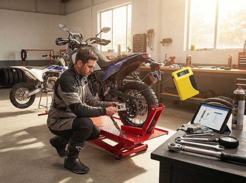 Magnetic base clipped to a dirt bike rear axle with the display lit