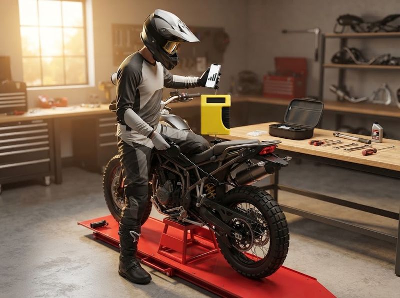 The tuner on a suspension workbench beside fork internals
